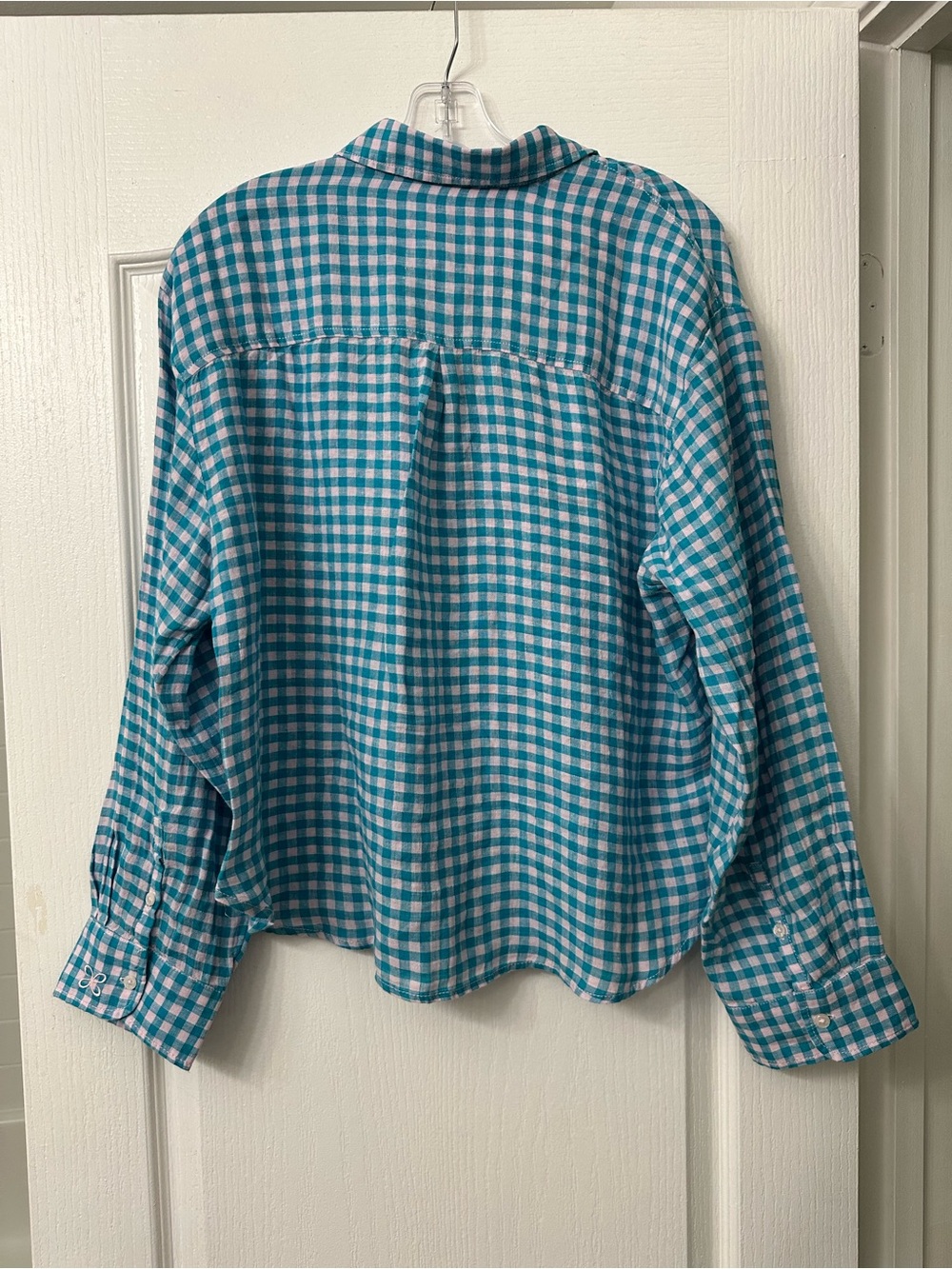 Maeve Linen Teal and White Gingham Button-Down Shirt Women - Picture 3 of 9